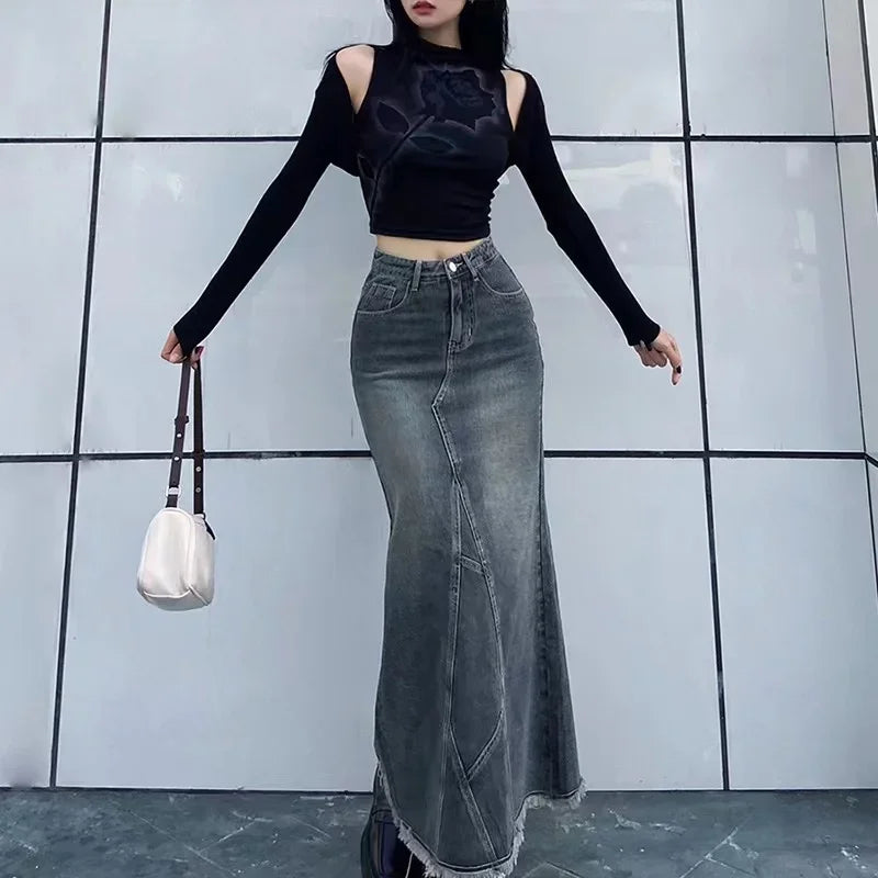 Retro spódnica jeansowa maxi