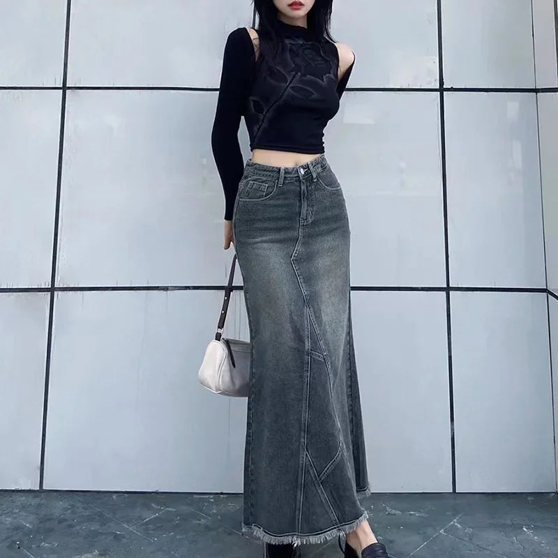 Retro spódnica jeansowa maxi